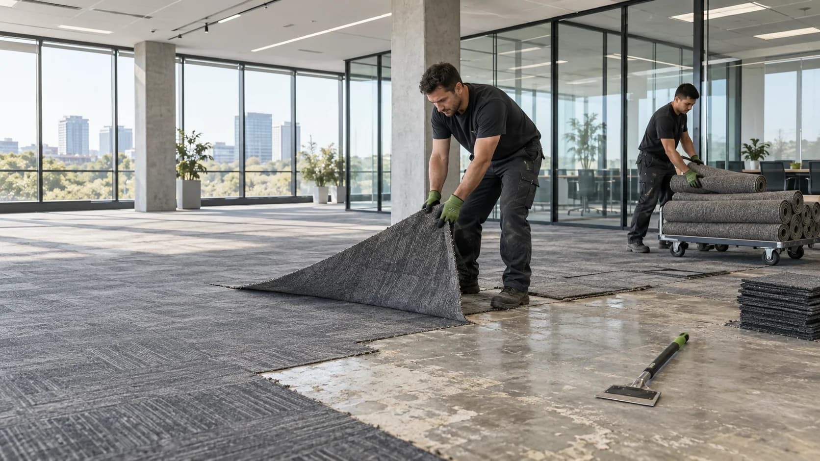 Old carpet being removed from a modern commercial interior
