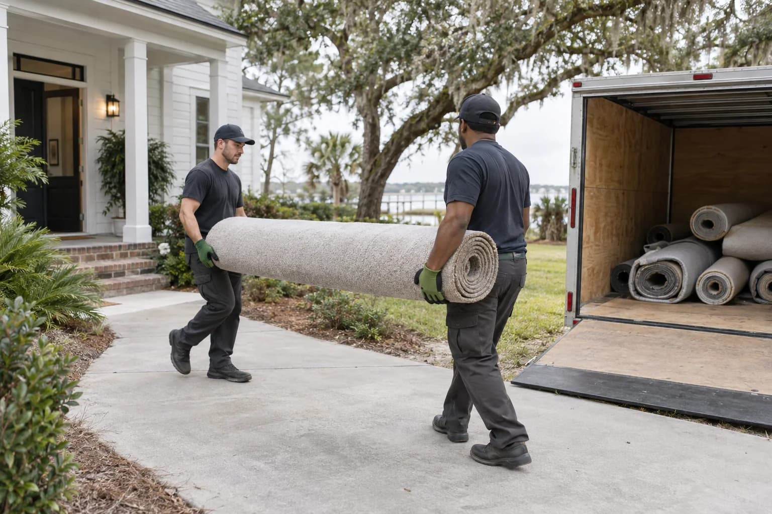 Workers carrying rolled carpet to an enclosed trailer