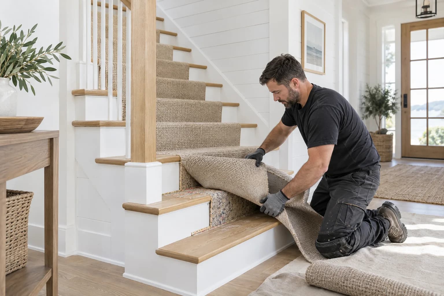 Worker carefully removing old carpet from residential stairs